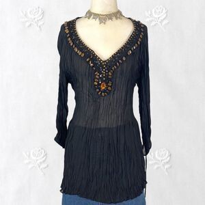 Jaipur Early 2000's Sheer Mesh Crinkle Cinched Beaded Long Sleeve Tunic Blouse M
